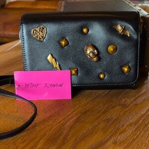 Betsey Johnson NWT Black Vegan Leather Crossbody With Brass Accents And Hardware
